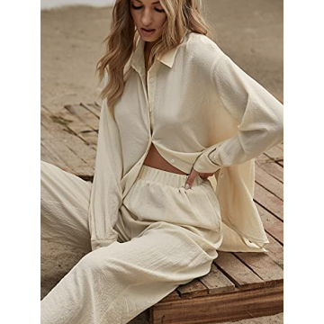 Floerns Women's 2-Piece Outfit Slit Hem Blouse Wide Leg Pants