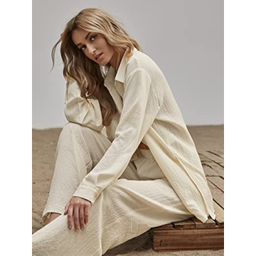 Floerns Women's 2-Piece Outfit Slit Hem Blouse Wide Leg Pants