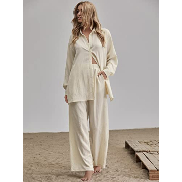 Floerns Women's 2-Piece Outfit Slit Hem Blouse Wide Leg Pants