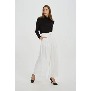 Tronjori Women High Waist Casual Wide Leg Long Palazzo Pants Trousers Regular Size(S,Ivory White)