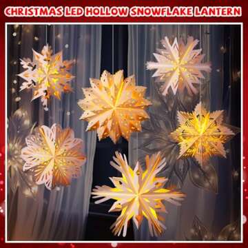 Baquler 6 Set 19.69 in 3D Christmas Paper Snowflake Lantern with 8 Mode LED String Light with Remote Out Hollow Paper Snowflake Lantern Xmas Hanging Pendant Lampshade Frozen Party Hanging Decor