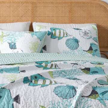 Full / Queen Coastal Quilt Bedding Set, Summer Coastal Quilt with Shams, Beach 3-Piece Reversible Al...