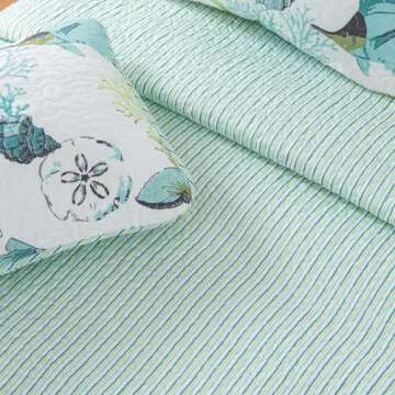 Full / Queen Coastal Quilt Bedding Set, Summer Coastal Quilt with Shams, Beach 3-Piece Reversible All Season Bedspread Quilt Set. Lightweight Nautical Quilted Coverlet. Seaside Collection, Blue Fish