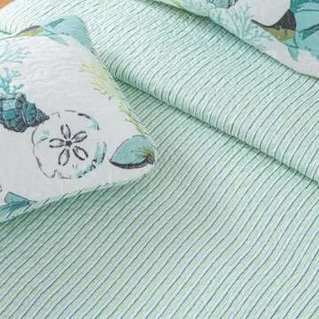 Full / Queen Coastal Quilt Bedding Set, Summer Coastal Quilt with Shams, Beach 3-Piece Reversible All Season Bedspread Quilt Set. Lightweight Nautical Quilted Coverlet. Seaside Collection, Blue Fish