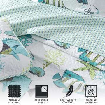 Full / Queen Coastal Quilt Bedding Set, Summer Coastal Quilt with Shams, Beach 3-Piece Reversible All Season Bedspread Quilt Set. Lightweight Nautical Quilted Coverlet. Seaside Collection, Blue Fish