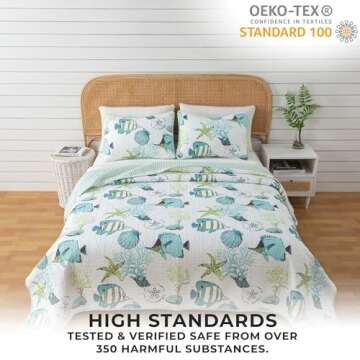 Full / Queen Coastal Quilt Bedding Set, Summer Coastal Quilt with Shams, Beach 3-Piece Reversible All Season Bedspread Quilt Set. Lightweight Nautical Quilted Coverlet. Seaside Collection, Blue Fish
