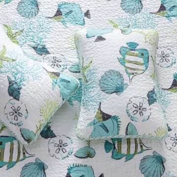 Full / Queen Coastal Quilt Bedding Set, Summer Coastal Quilt with Shams, Beach 3-Piece Reversible All Season Bedspread Quilt Set. Lightweight Nautical Quilted Coverlet. Seaside Collection, Blue Fish