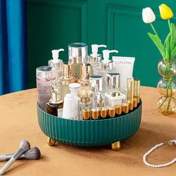 Anyoifax Makeup Perfume Organizer Tray 360 Degree Rotating Lazy Susan Skincare Lotion Organizer Spinning Cosmetics Storage for Dresser, Vanity, Bathroom Countertop, Small Teal Green
