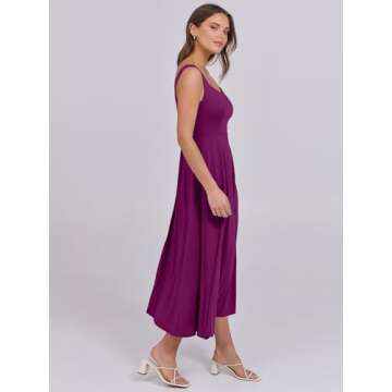 ANRABESS Women Summer Casual Midi Dress Sleeveless A Line Smocked Back Sundress 2025 Simple Vacation Dresses with Pockets X-Large Purple