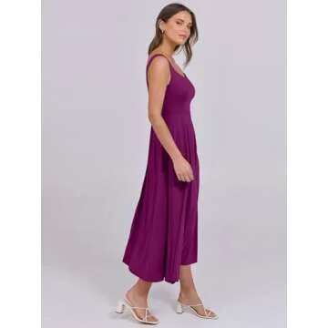 ANRABESS Women Summer Casual Midi Dress Sleeveless A Line Smocked Back Sundress 2025 Simple Vacation Dresses with Pockets X-Large Purple