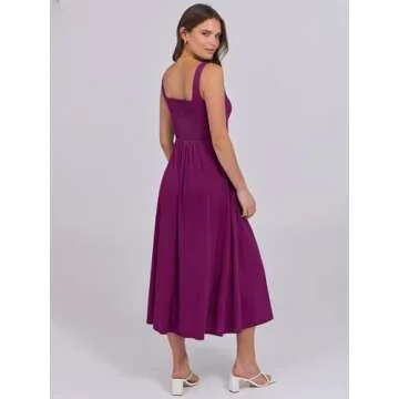 ANRABESS Women Summer Casual Midi Dress Sleeveless A Line Smocked Back Sundress 2025 Simple Vacation Dresses with Pockets X-Large Purple