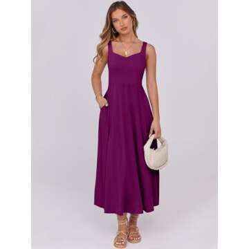 ANRABESS Women Summer Casual Midi Dress Sleeveless A Line Smocked Back Sundress 2025 Simple Vacation Dresses with Pockets X-Large Purple