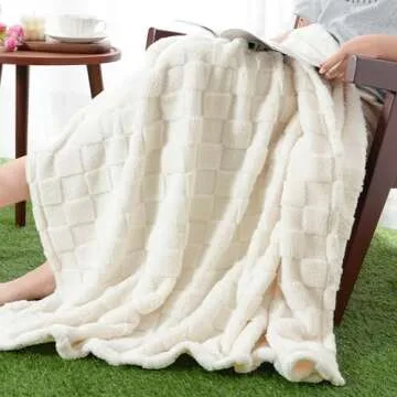 David's Home Fleece Blanket King Size, Lightweight Soft Checkered Jacquard Flannel Throw for Fall Winter, No Shedding, No Pilling, Fuzzy Cozy Blanket for Aesthetic Room Decor，Cream, 108 * 90"