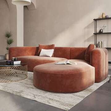 Acanva Luxury Modern Tight Curved Back Velvet Sofa, Minimalist Style Comfy Couch for Living Room Apartment, L-Shape Right Chaise, Tangerine