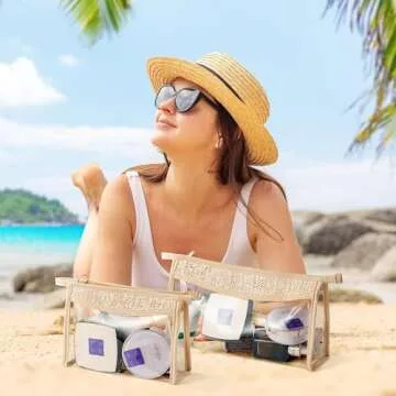 Belanttega Boho Patch Cosmetic Bag - Summer Beach Swimming Pool Toiletry Bag Beige Clear Waterproof Travel Makeup Bag PVC Zipper Clutch Daily Use Purse Summer Beach Gifts for Women Girls