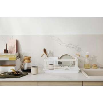 Yamazaki Home Dish Rack with Removeable Drainer Tray, Kitchen Counter Dish Drying Organizer Holder Steel + Wood One Size White