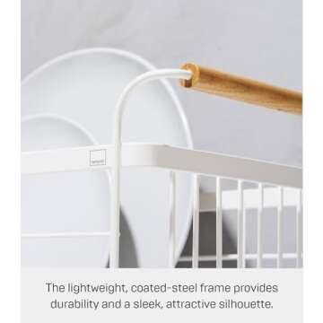 Yamazaki Home Dish Rack with Removeable Drainer Tray, Kitchen Counter Dish Drying Organizer Holder Steel + Wood One Size White