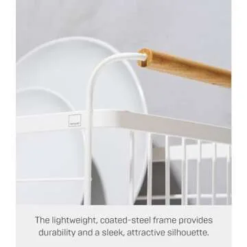 Yamazaki Home Dish Rack with Removeable Drainer Tray, Kitchen Counter Dish Drying Organizer Holder Steel + Wood One Size White