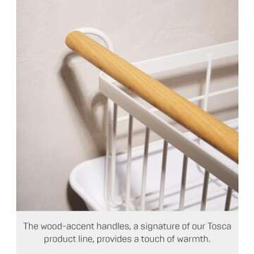 Yamazaki Home Dish Rack with Removeable Drainer Tray, Kitchen Counter Dish Drying Organizer Holder Steel + Wood One Size White