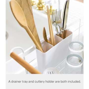 Yamazaki Home Dish Rack with Removeable Drainer Tray, Kitchen Counter Dish Drying Organizer Holder Steel + Wood One Size White