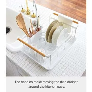 Yamazaki Home Dish Rack with Removeable Drainer Tray, Kitchen Counter Dish Drying Organizer Holder Steel + Wood One Size White