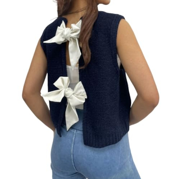 chouyatou Women's Y2K Backless Crop Sweater Vest Back Tie Knot Crewneck Sleeveless Knit Vest Tank To...