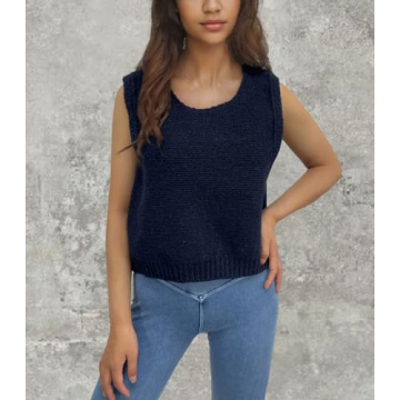chouyatou Women's Y2K Backless Crop Sweater Vest Back Tie Knot Crewneck Sleeveless Knit Vest Tank Tops (Medium, Navy)