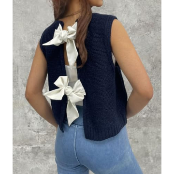 chouyatou Women's Y2K Backless Crop Sweater Vest Back Tie Knot Crewneck Sleeveless Knit Vest Tank Tops (Medium, Navy)