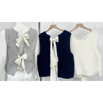 chouyatou Women's Y2K Backless Crop Sweater Vest Back Tie Knot Crewneck Sleeveless Knit Vest Tank Tops (Medium, Navy)