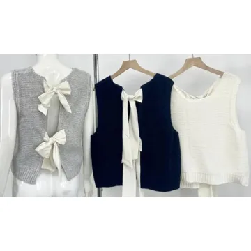 chouyatou Women's Y2K Backless Crop Sweater Vest Back Tie Knot Crewneck Sleeveless Knit Vest Tank Tops (Medium, Navy)