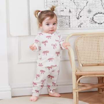 NZNDSHD Fall Baby Girl Clothes Ruffle Long Sleeve Bow Print Sweatshirt Top Pants Set 2Pcs Waffle Knit Outfit (A White, 2-3T)