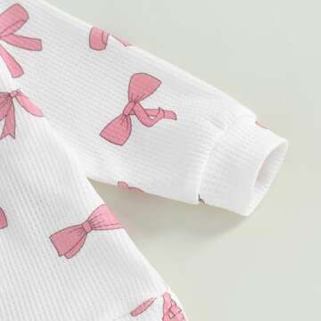 NZNDSHD Fall Baby Girl Clothes Ruffle Long Sleeve Bow Print Sweatshirt Top Pants Set 2Pcs Waffle Knit Outfit (A White, 2-3T)