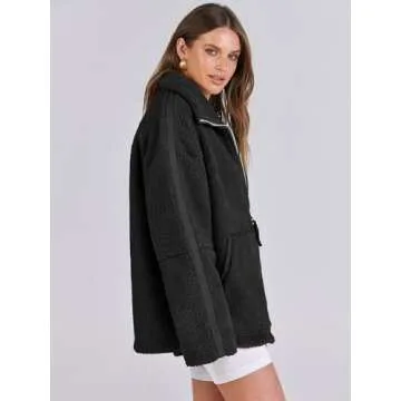 ANRABESS Womens Fleece Jacket Oversized Zip Up Sherpa Fuzzy Casual Coats Winter Fall Outerwear 2024 Clothes with Pockets Black Medium
