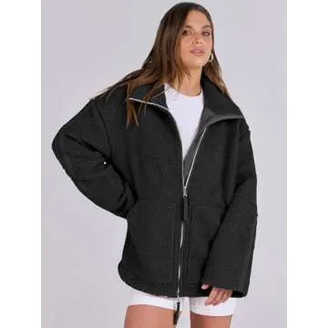 ANRABESS Womens Fleece Jacket Oversized Zip Up Sherpa Fuzzy Casual Coats Winter Fall Outerwear 2024 Clothes with Pockets Black Medium