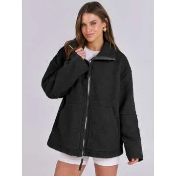 ANRABESS Womens Fleece Jacket Oversized Zip Up Sherpa Fuzzy Casual Coats Winter Fall Outerwear 2024 Clothes with Pockets Black Medium