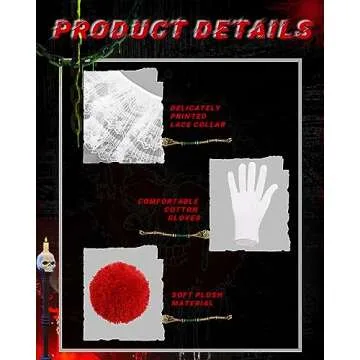 Jecery 5 Pcs Scary Clown Halloween Deluxe Adult Costume Gloves Collar Plush Buttons for Halloween Birthday Party Supplies(White Lace)