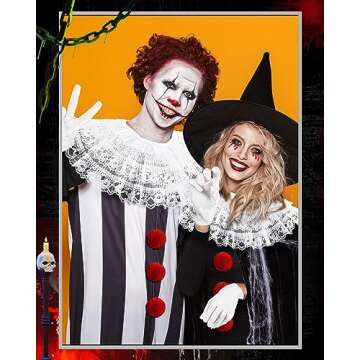 Jecery 5 Pcs Scary Clown Halloween Deluxe Adult Costume Gloves Collar Plush Buttons for Halloween Birthday Party Supplies(White Lace)