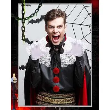 Jecery 5 Pcs Scary Clown Halloween Deluxe Adult Costume Gloves Collar Plush Buttons for Halloween Birthday Party Supplies(White Lace)