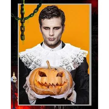 Jecery 5 Pcs Scary Clown Halloween Deluxe Adult Costume Gloves Collar Plush Buttons for Halloween Birthday Party Supplies(White Lace)