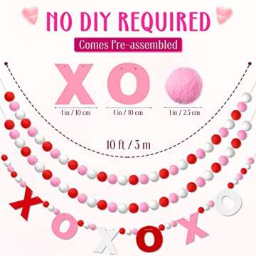 Breling 3 Pieces Valentine‘s Day Garland Felt Ball Garland, 10ft Pompom Garland Valentines Decorations Banner for Mantle Fireplace Room Valentine Hanging Decor(XOXO)