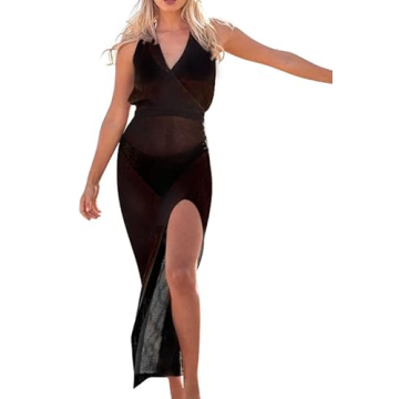 Hilor Side Split Swimsuit Coverup for Women Boho Long Beach Coverup Dress Crochet Bikini Bathing Suit Coverups Black XL