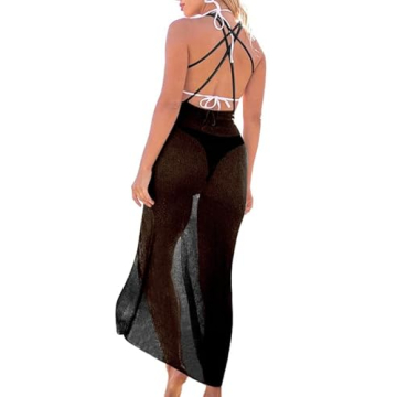 Hilor Side Split Swimsuit Coverup for Women Boho Long Beach Coverup Dress Crochet Bikini Bathing Suit Coverups Black XL
