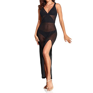Hilor Side Split Swimsuit Coverup for Women Boho Long Beach Coverup Dress Crochet Bikini Bathing Suit Coverups Black XL