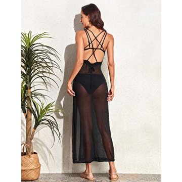 Hilor Side Split Swimsuit Coverup for Women Boho Long Beach Coverup Dress Crochet Bikini Bathing Suit Coverups Black XL