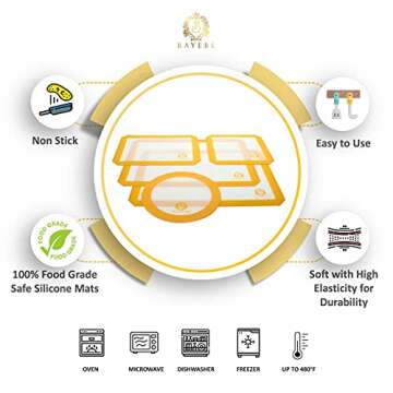 Silicone Baking Mat Set of 5-2 Half Sheets + 1 Quarter + 1 Round & 1 Square Silicone Mats for Baking - Nonstick Silicone Baking Sheet - Reusable Silicone Cookie Sheet & Silicone Baking Mats for Oven