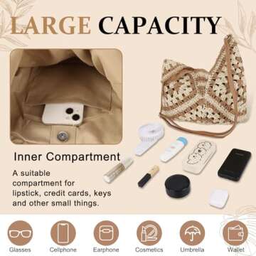 Straw Hobo Beach Bag for Women, Woven Tote Bag Summer Crochet Shoulder Bag Purse with PU Leather Strap,Vintage Foldable Handbag for Everyday Travel Vacation(Khaki)