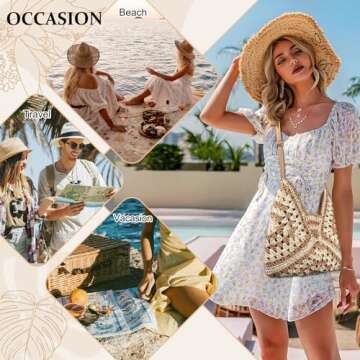 Straw Hobo Beach Bag for Women, Woven Tote Bag Summer Crochet Shoulder Bag Purse with PU Leather Strap,Vintage Foldable Handbag for Everyday Travel Vacation(Khaki)