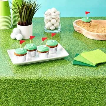 Sparkle and Bash 3 Pack Green Grass Plastic Tablecloths (54 x 108 in) for Golf Party or Hole in One Birthday Table Covers & Decorations - Plastic Tablecloth - Table Cover