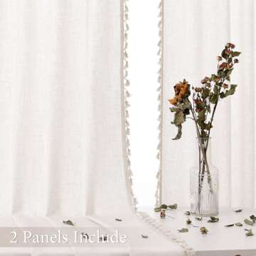 Natural Boho Linen Curtains 84 Inches Long 2 Panels Cream Beige Semi Sheer Curtains Tassel Rod Pocke...
