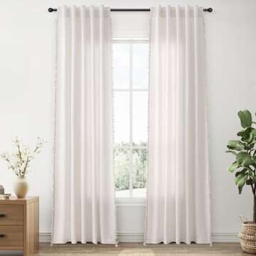 Natural Boho Linen Curtains 84 Inches Long 2 Panels Cream Beige Semi Sheer Curtains Tassel Rod Pocket Back Tab Top Light Filtering Neutral Farmhouse Curtain for Living Room Bedroom 38x84